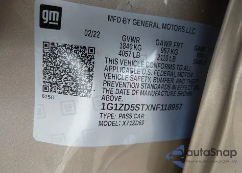 2022 Chevrolet Malibu Fwd Lt из США, поврежденный, VIN 1G1ZD5STXNF118957